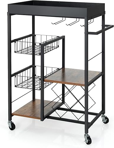Miniatura 9 de Giantex Carrito de isla de cocina con ruedas, carrito de servicio de bar móvil, con bandeja superior extraíble, estante para vino, soporte para