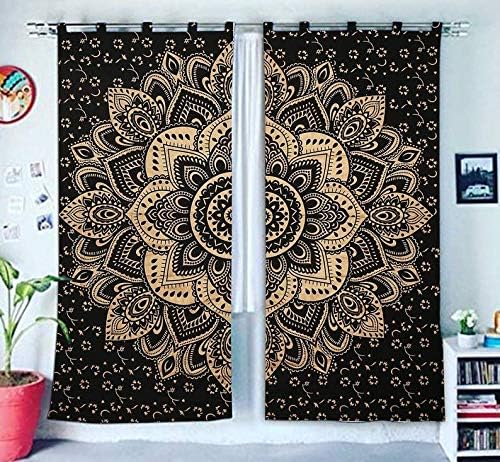 GANESHAM Indian Mandala Curtain Balcony Sheer Room Divider Living Room Bohemian Decor Light-Filtering Blackout Gypsy Door Curtain (Black & Gold)