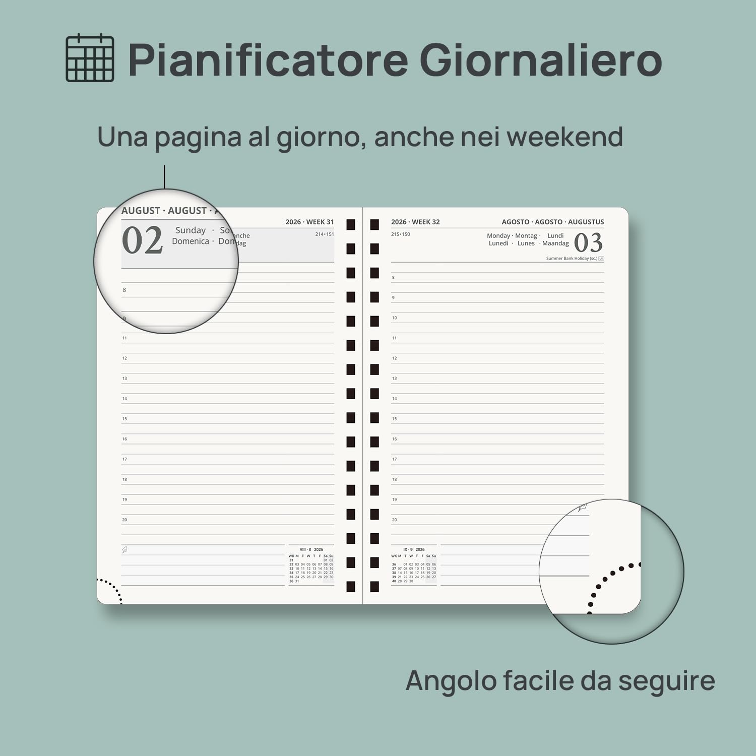 POPRUN Agenda Giornaliera 2026 2027 A5 Spirale, Daily Planner 21,5 x 14,5 cm 1 Giorno 1 Pagina da Ago.2026 a Lug.2027 con Schede Mensili, Carta Spessa da 80 GSM, Viola Chiaro