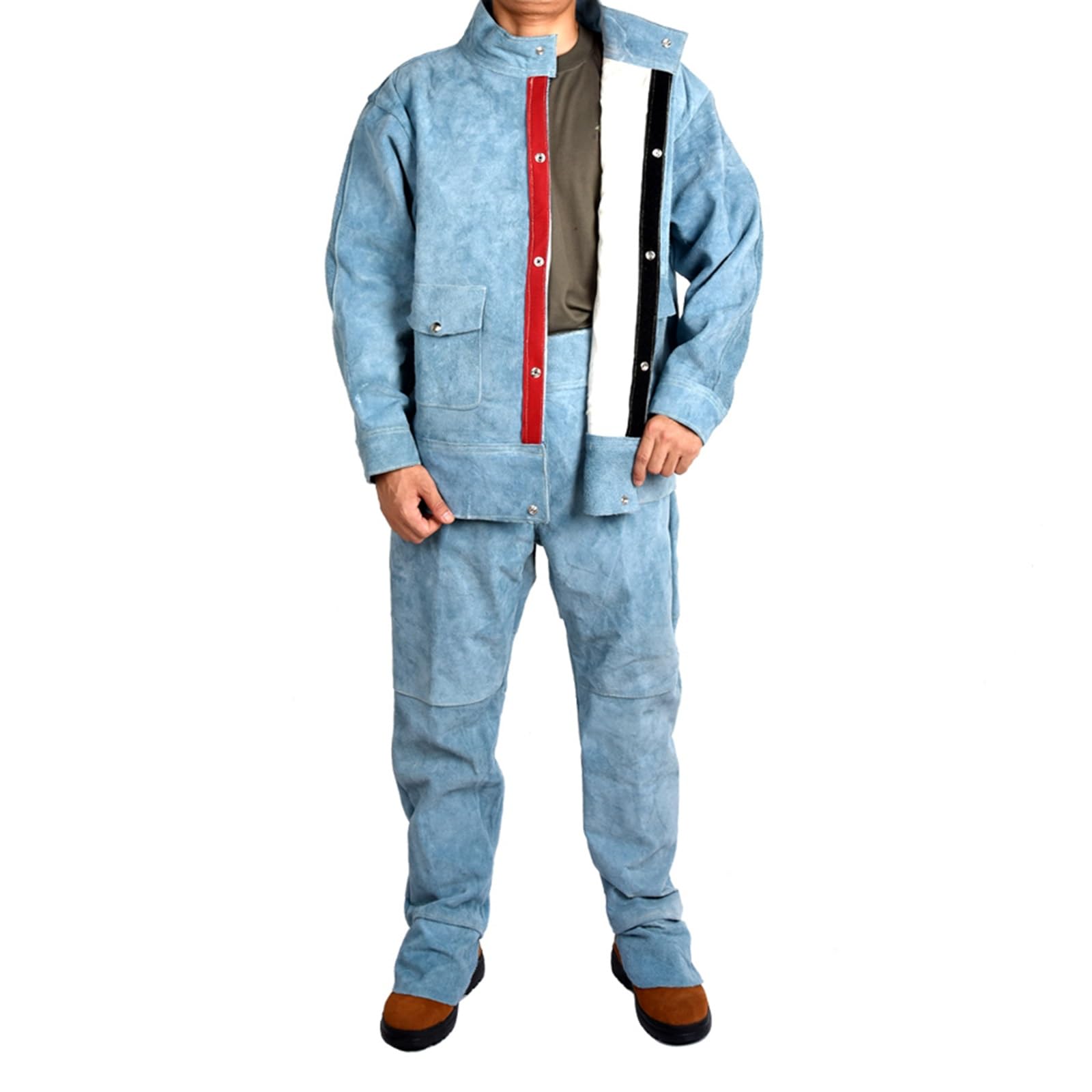 Cowhide Schweißer-Overall Für Männer Und Frauen Flammhemmende Schweißerjacke Hochbelastbar Schweißer-Lederhosen 2er Set(Blue,XL)