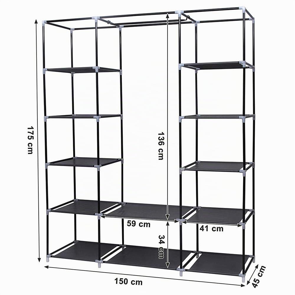 RELOVE Armario para ropa sucia con barra para colgar ropa de lona con revestimiento de tela XL armario de camping con barra para ropa, 175 x 150 x 45 cm, color negro