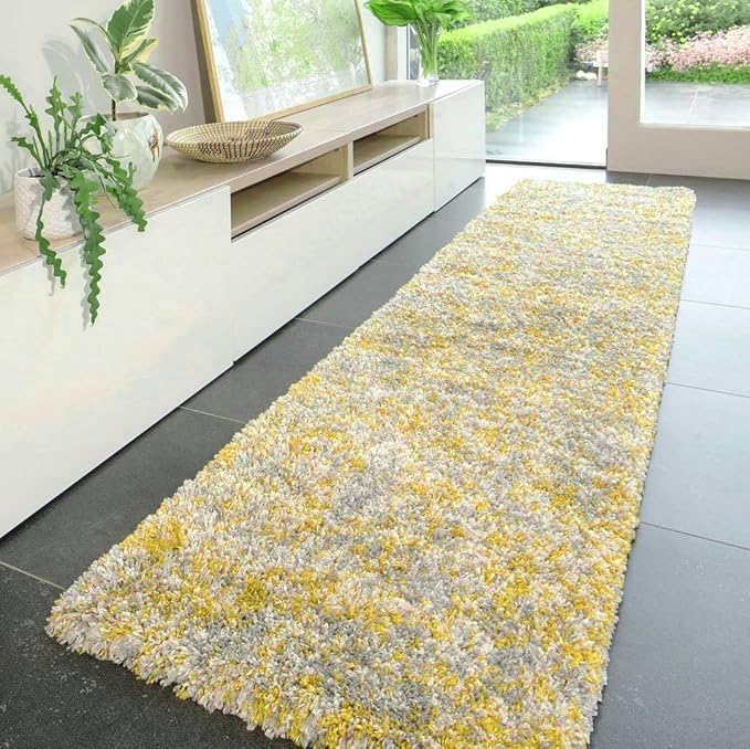 Grey Yellow Solid Shaggy Runner Rug 2x6 Feet | Modern High Pile Soft Carpet in Taupe & Beige for Living Room, Hallway & Bedroom Kitchen | Anti-Skid Runner for Bedroom, Washable Rug-image-2