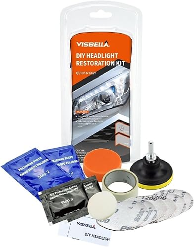 DIY Vehicle Headlight Restoration Kit, Restores Clarity to Yellowed, Cloudy Lenses, Easy 3-Step Process, Includes Sanding Discs, Polish Paste, UV Protect Liquid and More