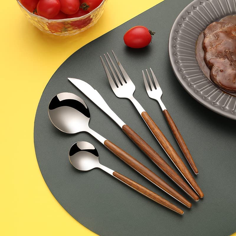 Image of Gold Flatware Matte Wooden Handle Stainless Steel Tableware Sets for 4 Including Forks Spoons Knives, Camping Silverware Travel Utensils Set Cutlery(Silver, Set of 20)