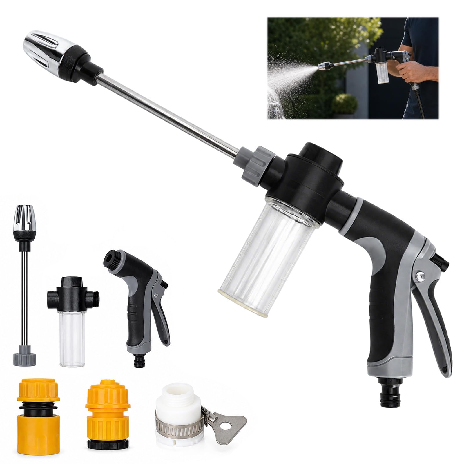 T8 Pistola Wężyk Ogrodowy, Pistolet do Wodzenia Ciśnieniowego 41 cm z Butelką Pianki, Regulowana Dysza i 3 Złącza do Samochodu, Ogrodu, Tarasu