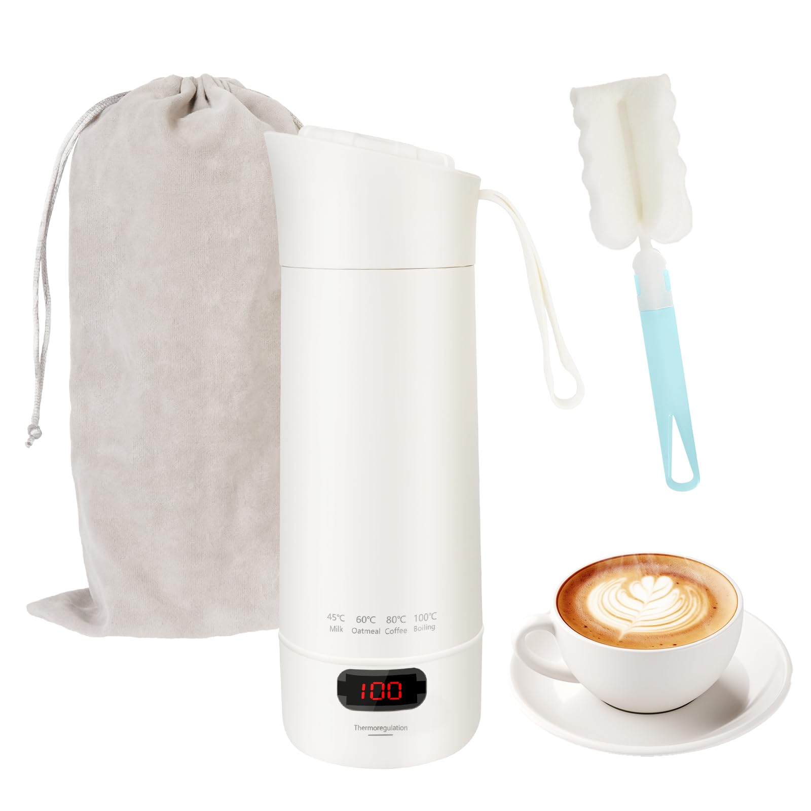 Bollitore Elettrico Piccolo, Tazza Termica Elettrica da Viaggio In Acciaio Inox 304, 500 ML Mini Bollitore Portatile, 4 Temperature Regolabili