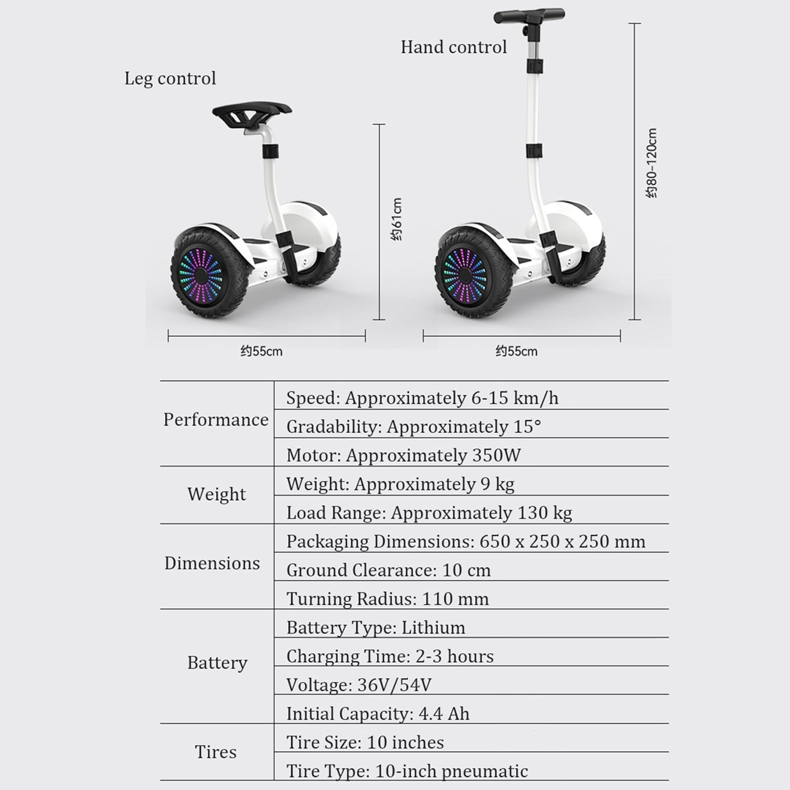 Trottinette Électrique Auto-équilibrée, 10'' Roues LED Tout-terrain, Commande Par Les Jambes/Mains Et APP, Hauteur Réglable, 54V Trottinette Auto-équilibrée, Musique Bluetooth, Charge 130kg(White)