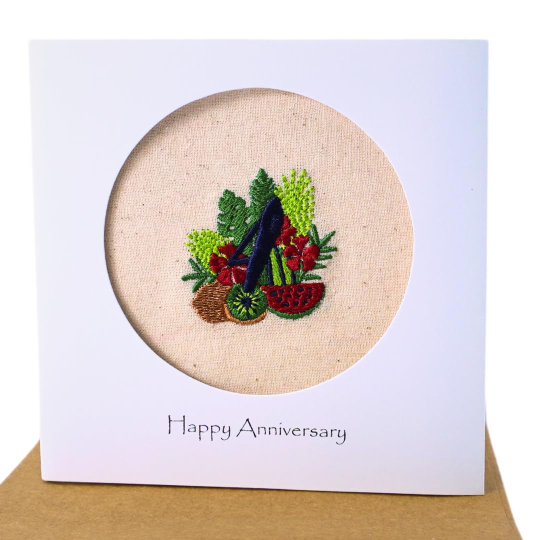 Camellia Bees 4th Wedding Anniversary card, Handmade linen anniversary card, fruits and flowers theme card for husband, wife, couple, fourth year (4th