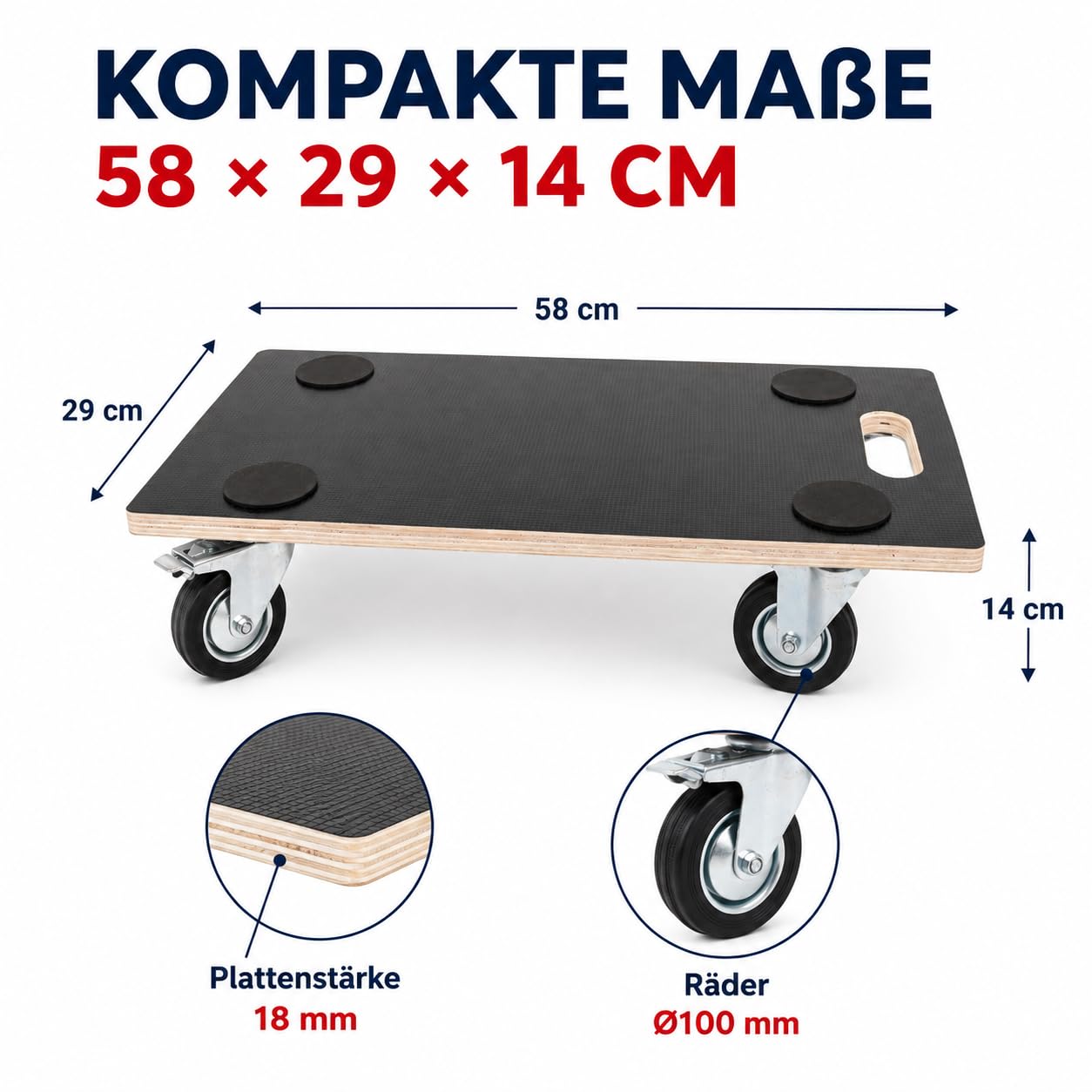 HOME It® Work Möbelroller 400 kg – Transportroller 58 x 29 cm mit 4 Lenkrollen, 2 Bremsen – 18 mm Sperrholz Rollbrett mit Anti-Rutsch-Flächen – Möbelhund für Umzug & Werkstatt