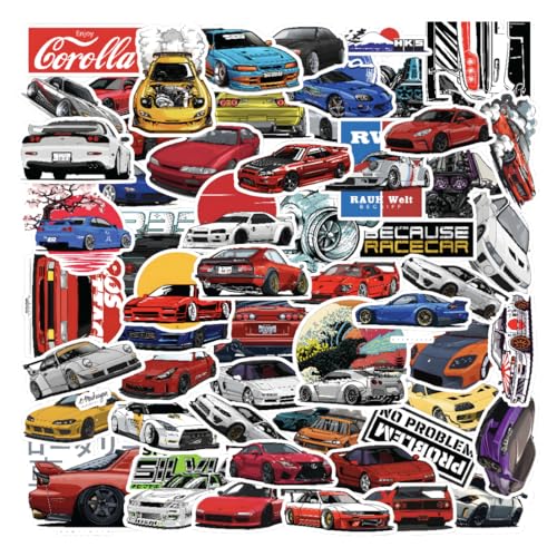Image of CodersParadise - Pack of 57 Cool Trendy JDM Cars Stickers for Laptop, Journal, Bike Helmet, Diary, Guitar, Mobile Case - Waterproof Residue Free Stickers - Japanese Racing Cars