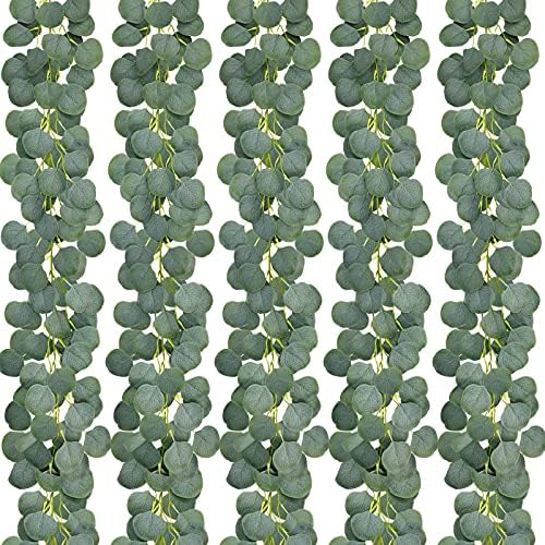 JPSOR 5 Pack Artificial Eucalyptus Garland Greenery Eucalyptus Vines Faux Silver Dollar Eucalyptus Strands for Mantle Table Wedding Party Garden Home Decoration