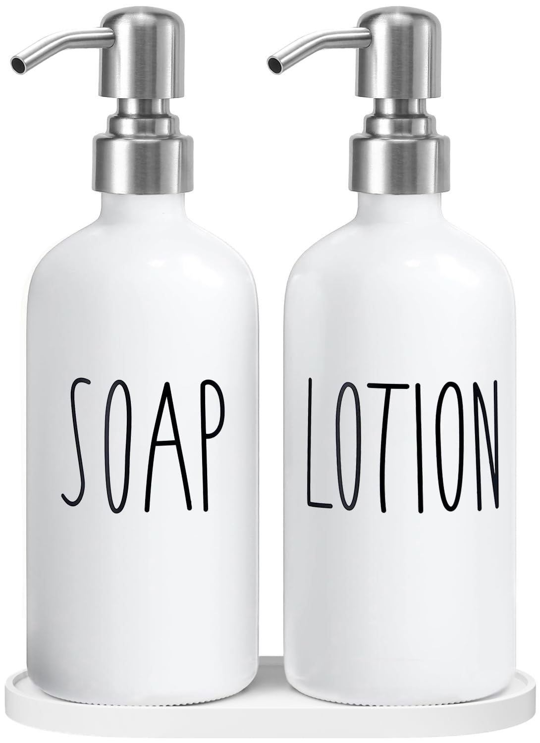 MOMEEMO Hand Soap Dispenser for Bathroom, Soap and Lotion Dispenser Set with Silver Metal Pump, Suitable for Farmhouse Bathroom Decor. (White & Silver)