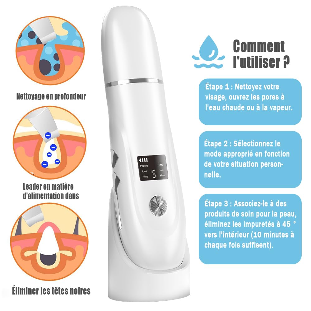 Pinkiou Épurateur de Peau, Blanc | Spatule Point Noir, 4 modes, Nettoyage en profondeur des pores, Grattoir portable, Station de Charge Type-C