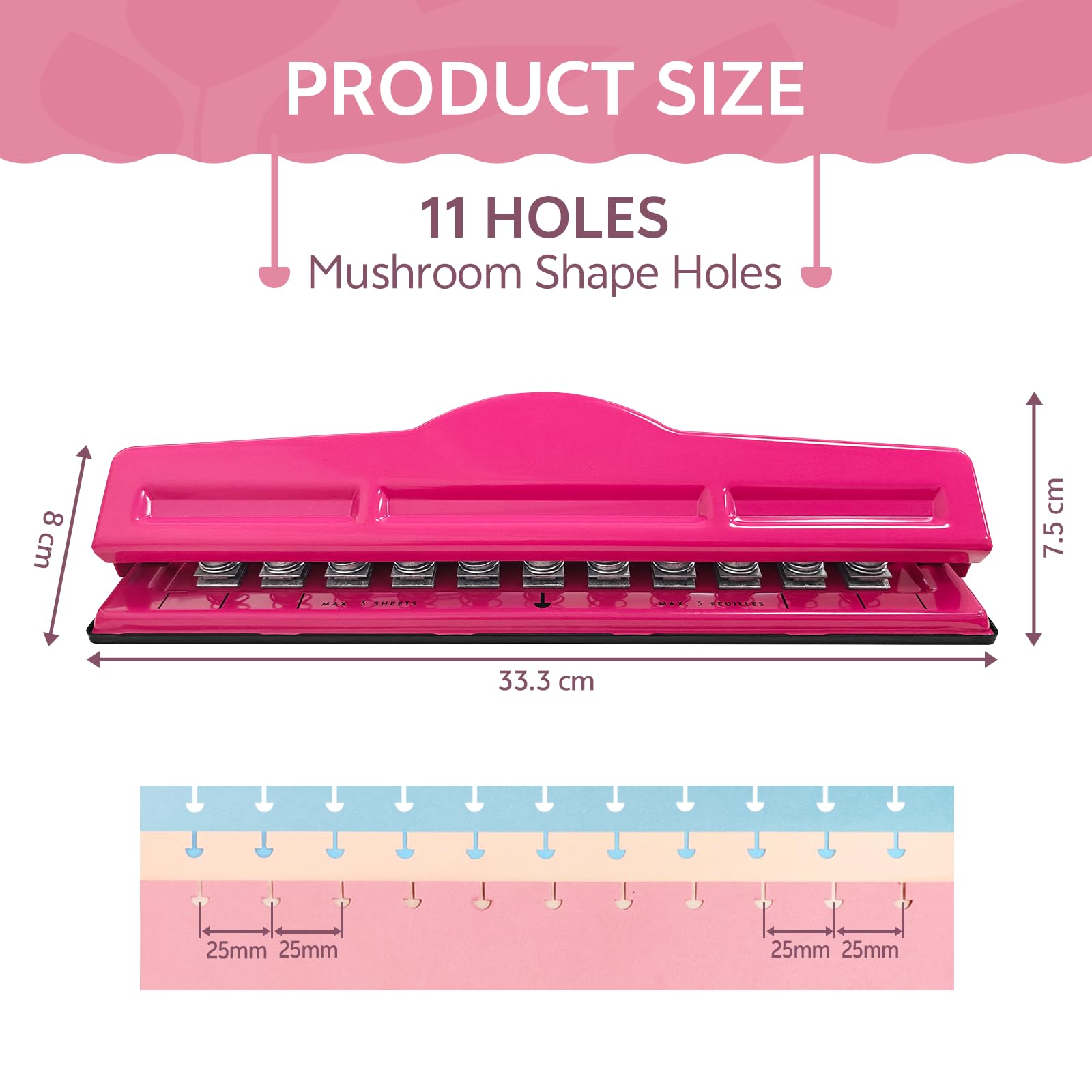 Mushroom Discbound Hole Punch, 11 Hole Puncher for Dics Bound Planner, Notebooks, Scrapbooks & Crafts, 3 Sheets Capacity (Rose Pink) - Image 2