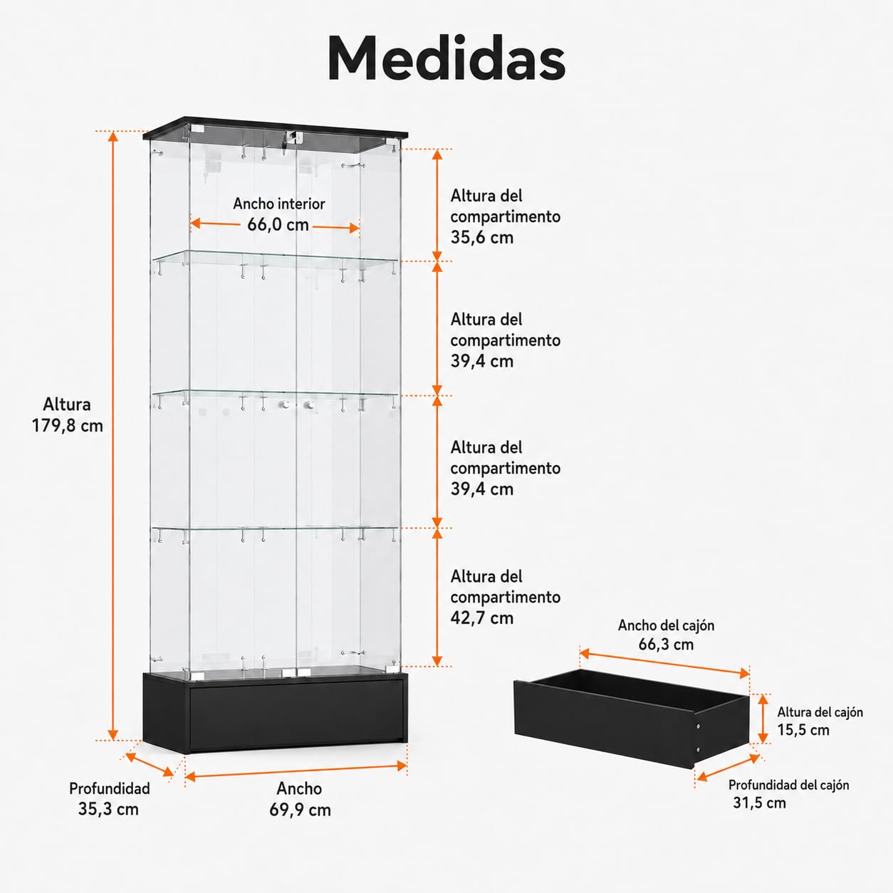 Vitrina de Cristal con Cajón Inferior, 4 Niveles, Estantes de Vidrio y Marco Negro, 69,9 x 35,3 x 179,8 cm, para Coleccionables, Figuras y Decoración