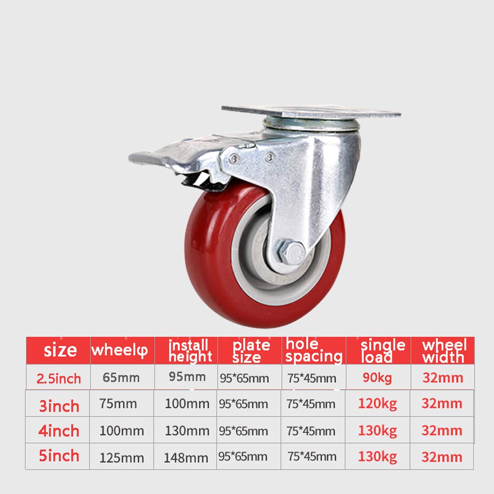Ruote girevoli resistenti da 65 mm, capacità di 360 kg, ruote per trasporto industriale, con freno, in nylon poliuretanico silenzioso, ideali per mobili di fabbrica, carrelli, tavoli