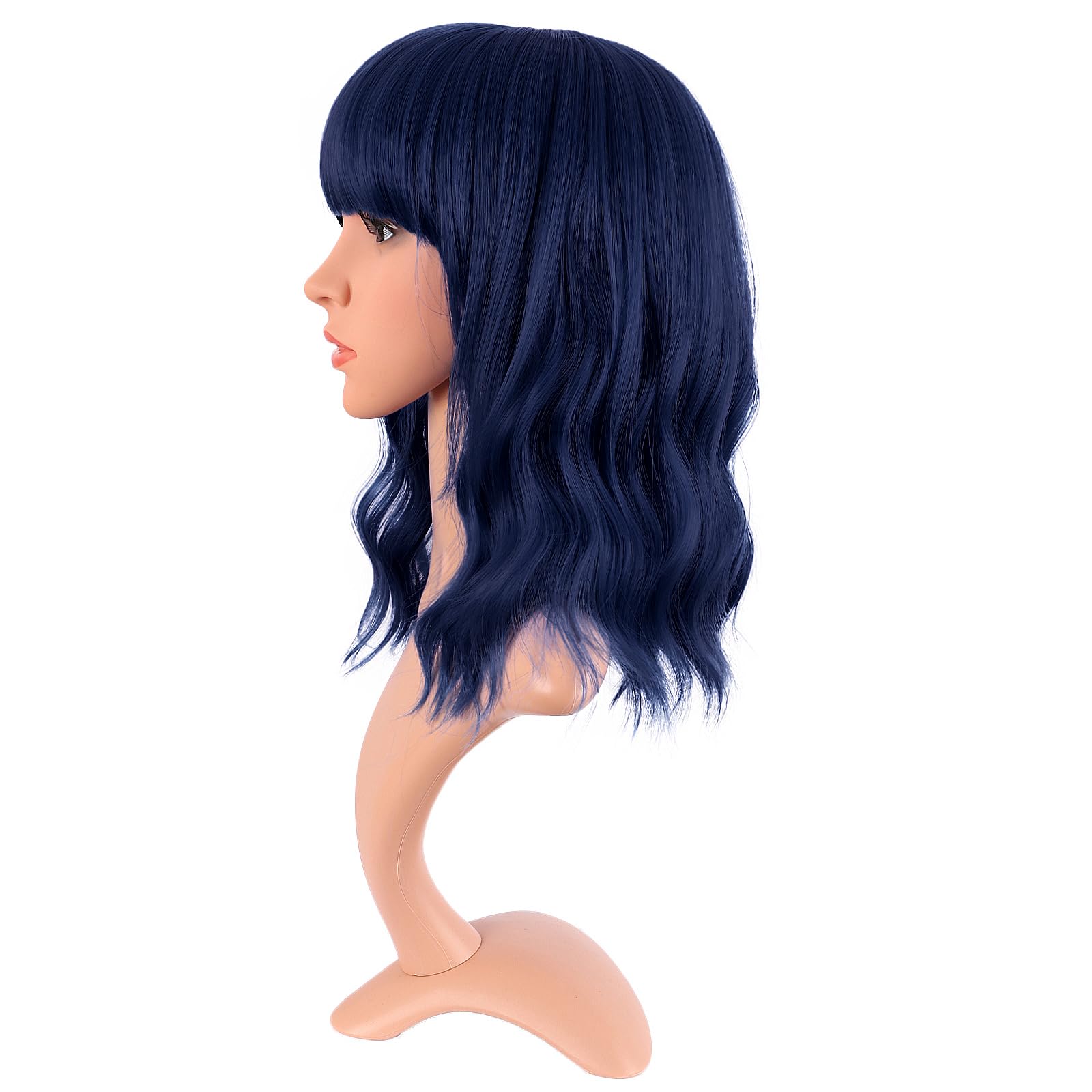 MapofBeauty 14 Inch/35 cm Short Wavy Curly Women Fresh Bright Synthetic Ordinary Flat Bangs Bob Wig (Midnight Blue) - Image 3