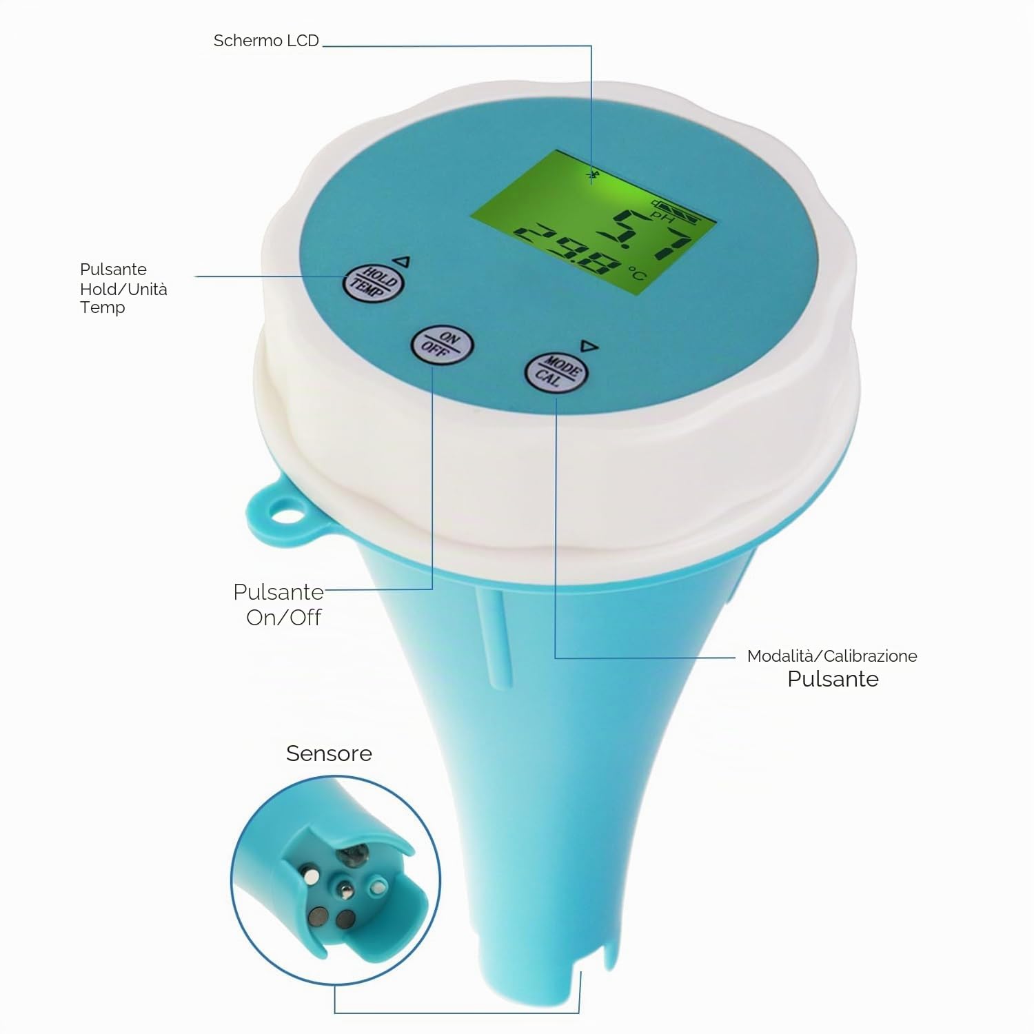 Tester dell'Acqua,Tester della qualità dell'Acqua Bluetooth for PH/Orp/EC/Tds Temperatura Tester Cloro residuo,termometro Galleggiante for Piscina WiFi Impermeabile IP67 con Bluetooth