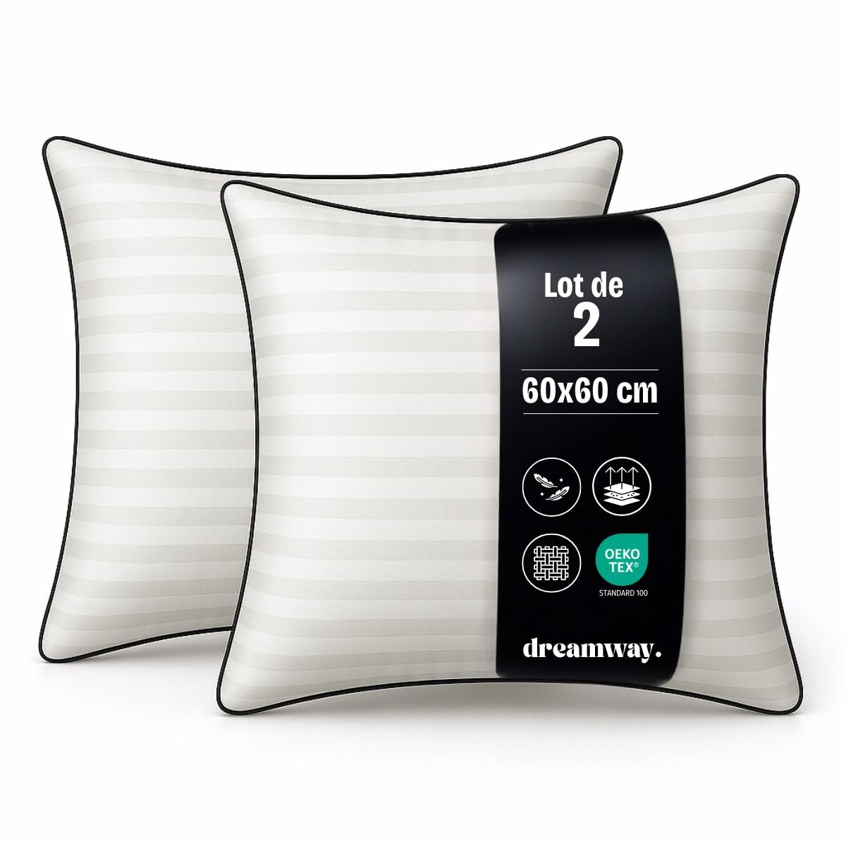 DREAMWAY Oreiller 60x60 cm Lot de 2 Oreillers Carrés | Confort Moelleux, Qualité Hôtelière, Respirant et Hypoallergénique, Idéal pour Dormeurs sur Le Côté, Le Dos et Le Ventre