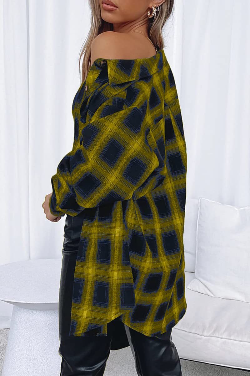 CHYRII Womens Button Down Flannel Shirts Long Sleeve Plaid Shackets Business Casual Blouse Top: XX-Large Yellow