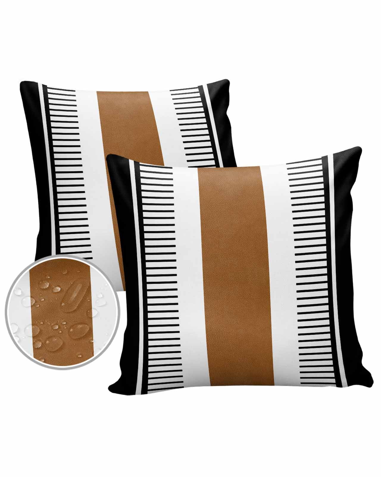 Boanket Outdoor Pillow Covers 20 x 20 in, Modern Brown Black Waterproof Throw Pillow Cover Set of 2, Boho Contemporary Geometric Striped Home Decorative Square Cushion Covers for Patio/Couch/Garden