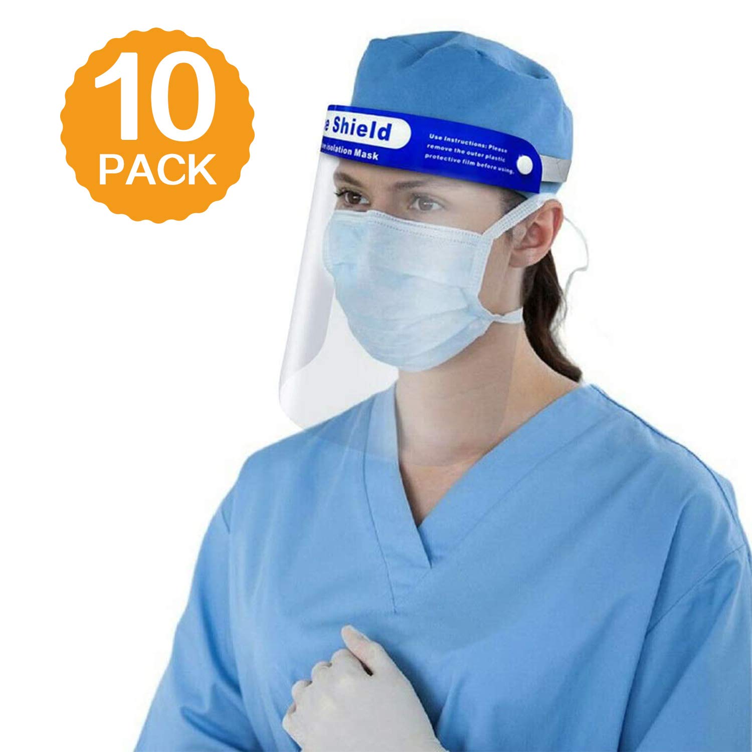 [FDA Approved] 10PCS Safety Face Shield Medical Full Face Protect Eyes and Face Plastic Face Shield with Protective Clear Film Elastic Band and Comfort Sponge