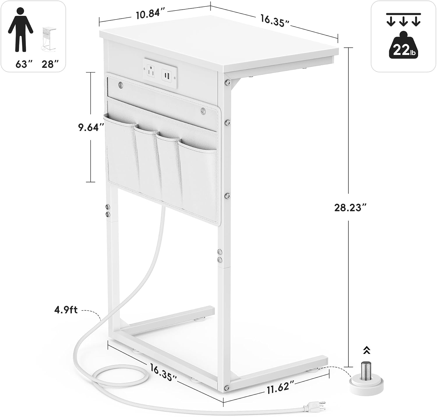 Vagusicc C Shaped End Table with Charging Station, 28" Tall Couch Side Table, Sofa Table Beside Table, Slide Under Sofa Arm C Table for Small Spaces, TV Tray Table for Living Room, Bedroom, White