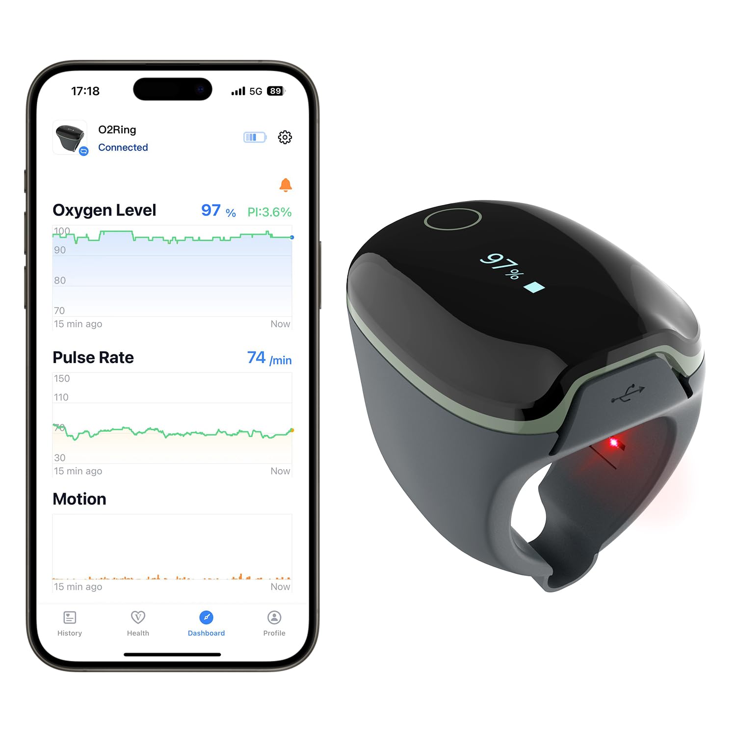 ViATOM O2ring oxymètre Bluetooth, oxymètre de pouls au bout des doigts pour une surveillance continue la nuit, oxymètre de sommeil pour mesurer la SpO2 & la fréquence cardiaque (vert)