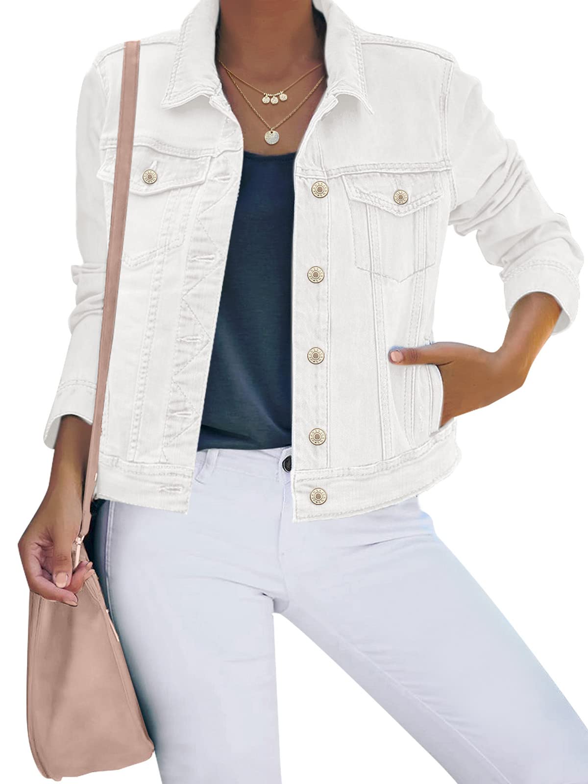 luvamia Women's Basic Button Down Stretch Fitted Long Sleeves Denim Jean Jacket