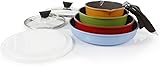 Neoflam Midas 9pc Nonstick Ceramic Cookware Set, PFOA Free Kitchenware with Saucepan, Frying Pan, Stove|Oven Pot, Tempered Glass Lids and Smart Detachable Handle, Oven Safe, Space-Saving, Multicolor 9-Piece Set Multicolor