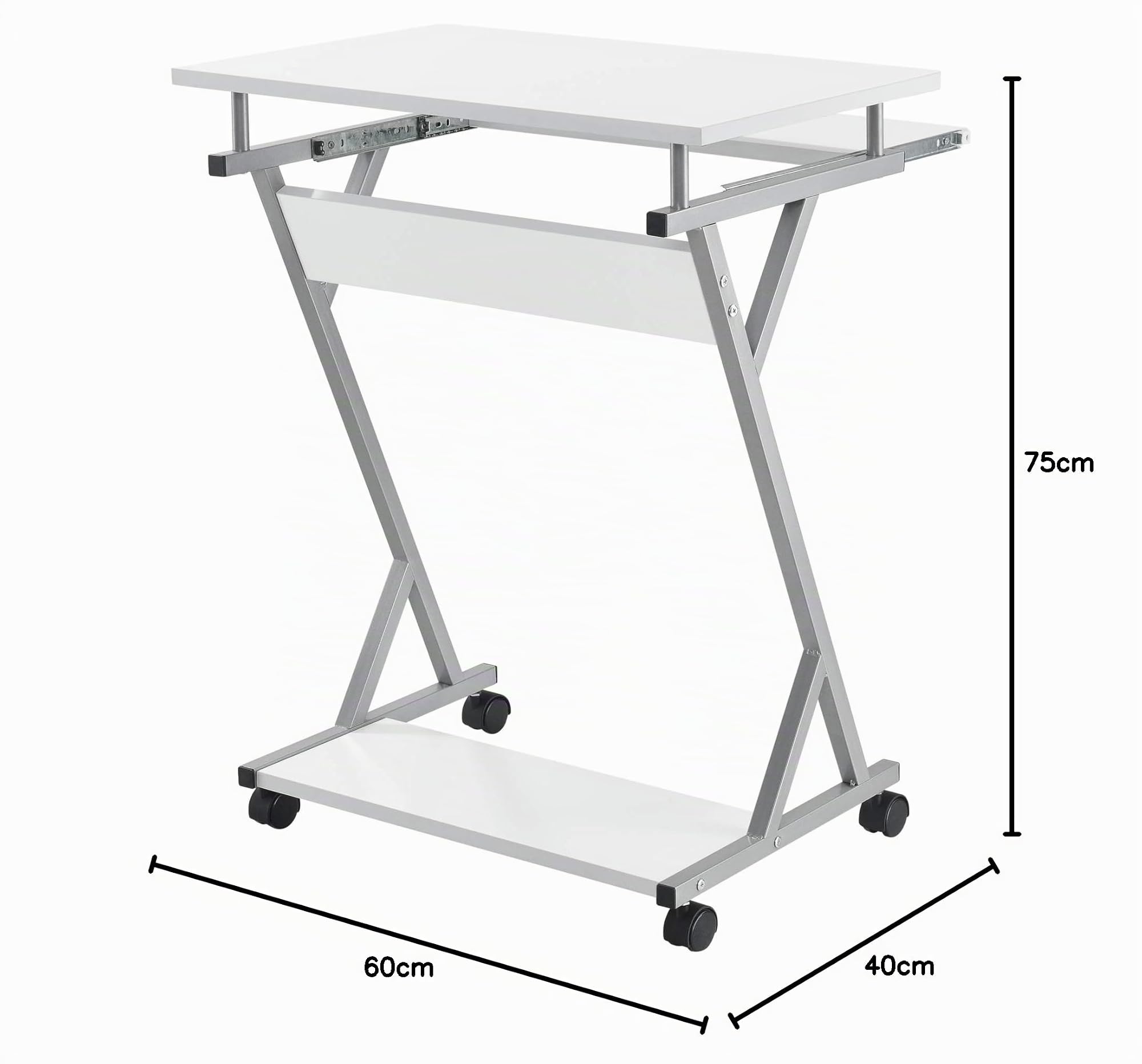 [en.casa] Scrivania per Computer con Ruote Tavolo Porta PC Mobile con Tastiera Scorrevole e Ripiano Postazione di Lavoro 60 x 40 x 75 cm - Bianco