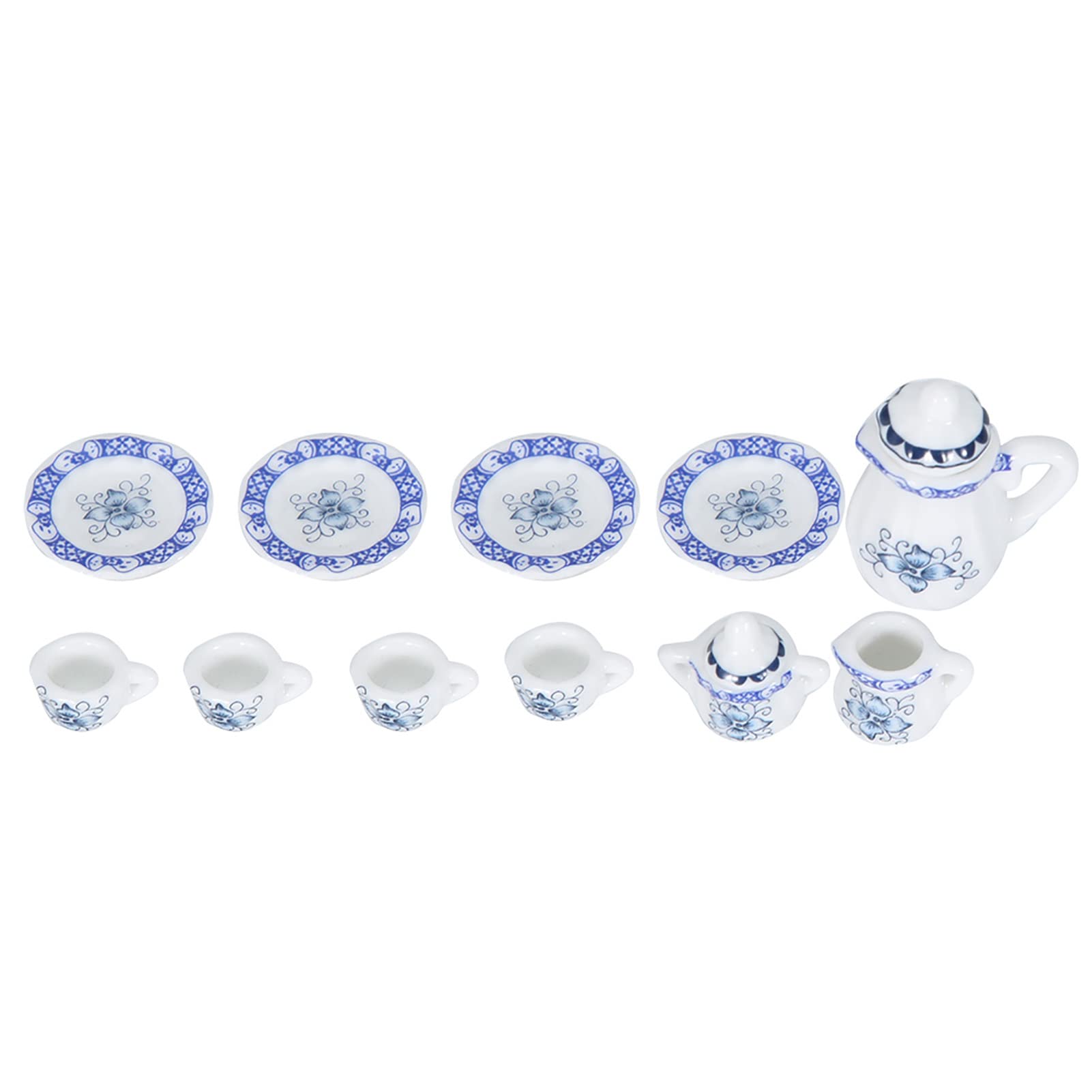 Service à Thé Miniature, 1:12 Dollhouse Kitchen Miniature 15pcs Porcelain Flower Tea Cup Set Decor Collection(Porcelaine Bleue Et Blanche