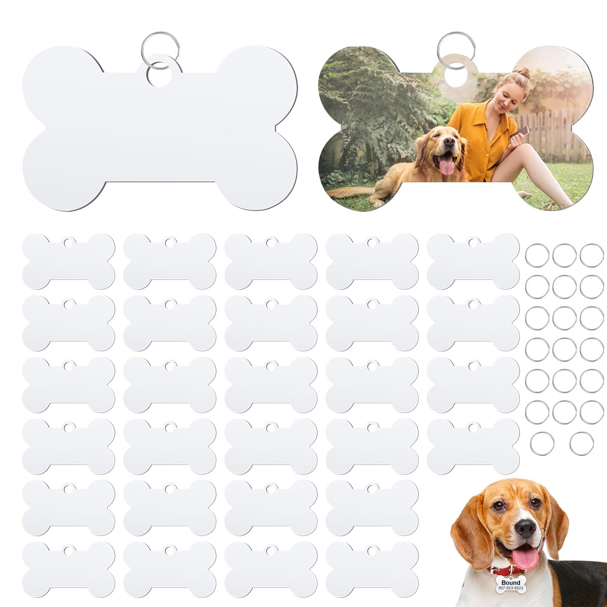 FAURAPMNG 30 Pcs Sublimation Aluminum Dog Tag With 20 Pcs Ring - Double Sided Transfer Tags for DIY Dogs Pets ID Name Tag