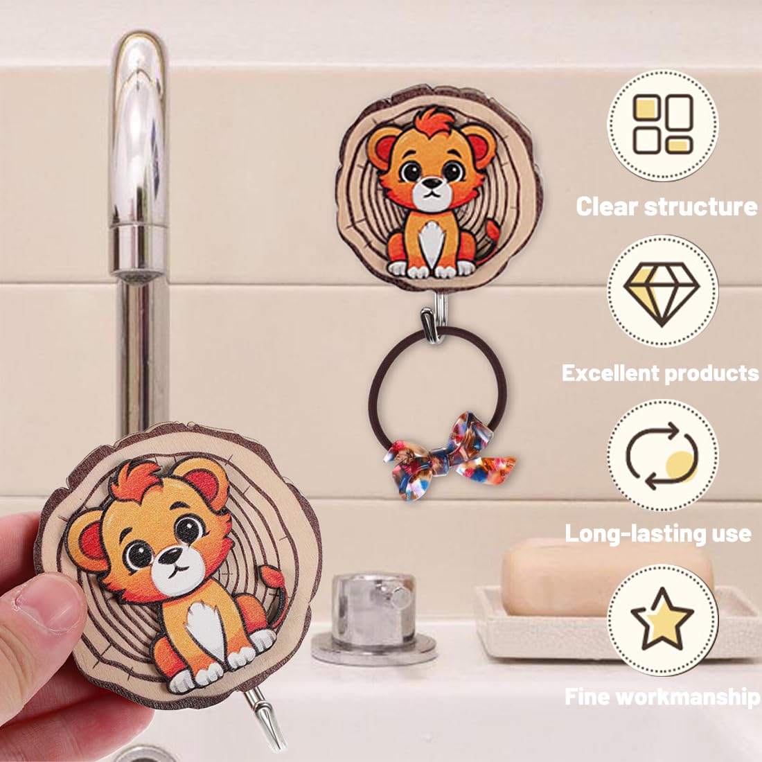 Appendiabiti per bambini a forma di animale, Ganci Autoadesivi in legno, 6 pezzi regalo camera