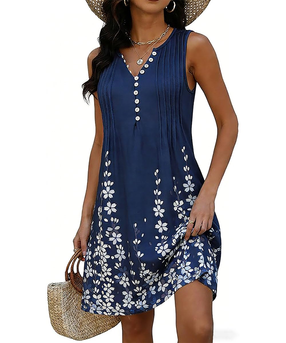 Robe Été Femme de Plage Bohème Rétro Robes Col V Robes au Genou sans Manches Imprimé Floral Casual Tuniques Ample(Multicolore,S-XXL)
