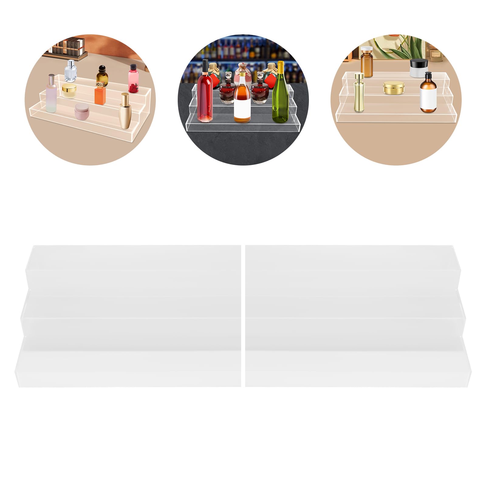 2PCS Liquor Bottle Display Shelf, 24 Inch 3-Step Acrylic Bar Shelf Countertop Riser Display with Hollow Base for Home, Commercial Bar (Clear)