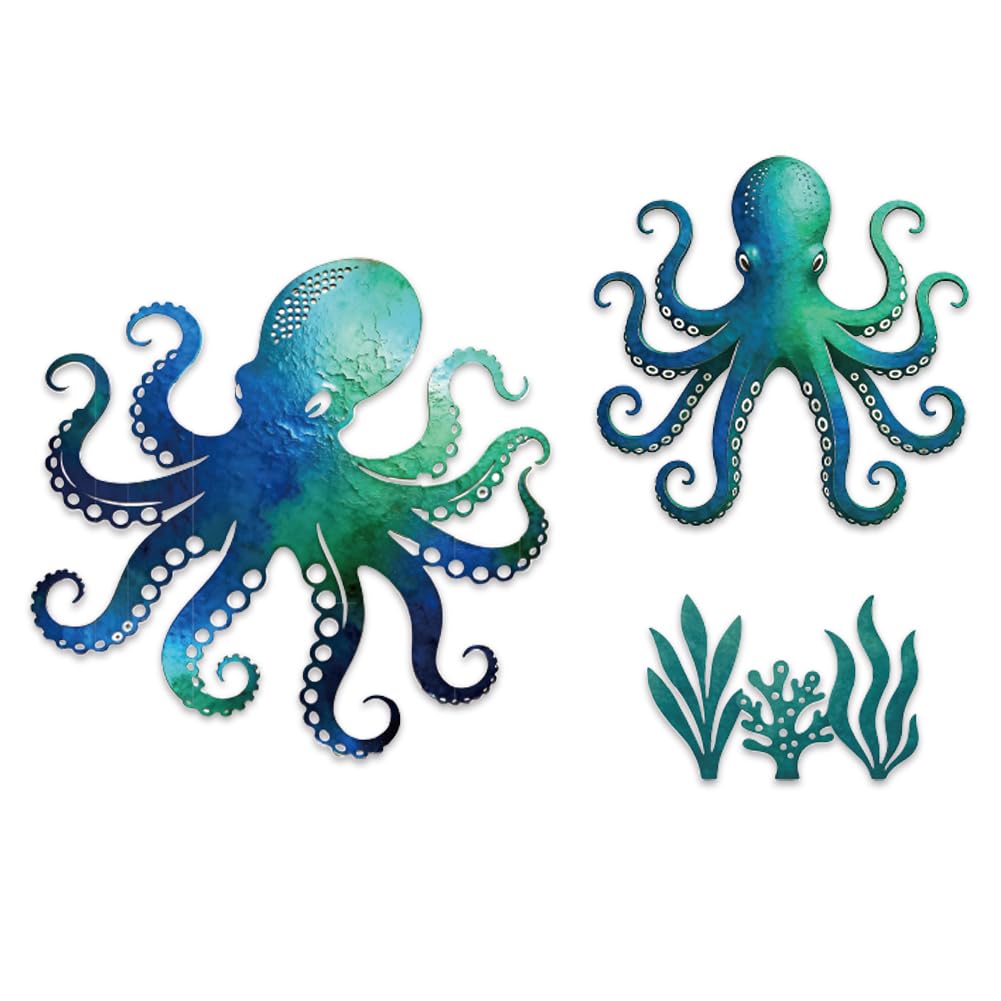 GOMAKERER 3 Pcs Wooden Octopus Wall Decor, Wood Octopus Coastal Tropical Nautical Ocean Wall Decor Coastal Style Home Decor for Bathroom Beach Indoor Outdoor Pool Bedroom Living Room