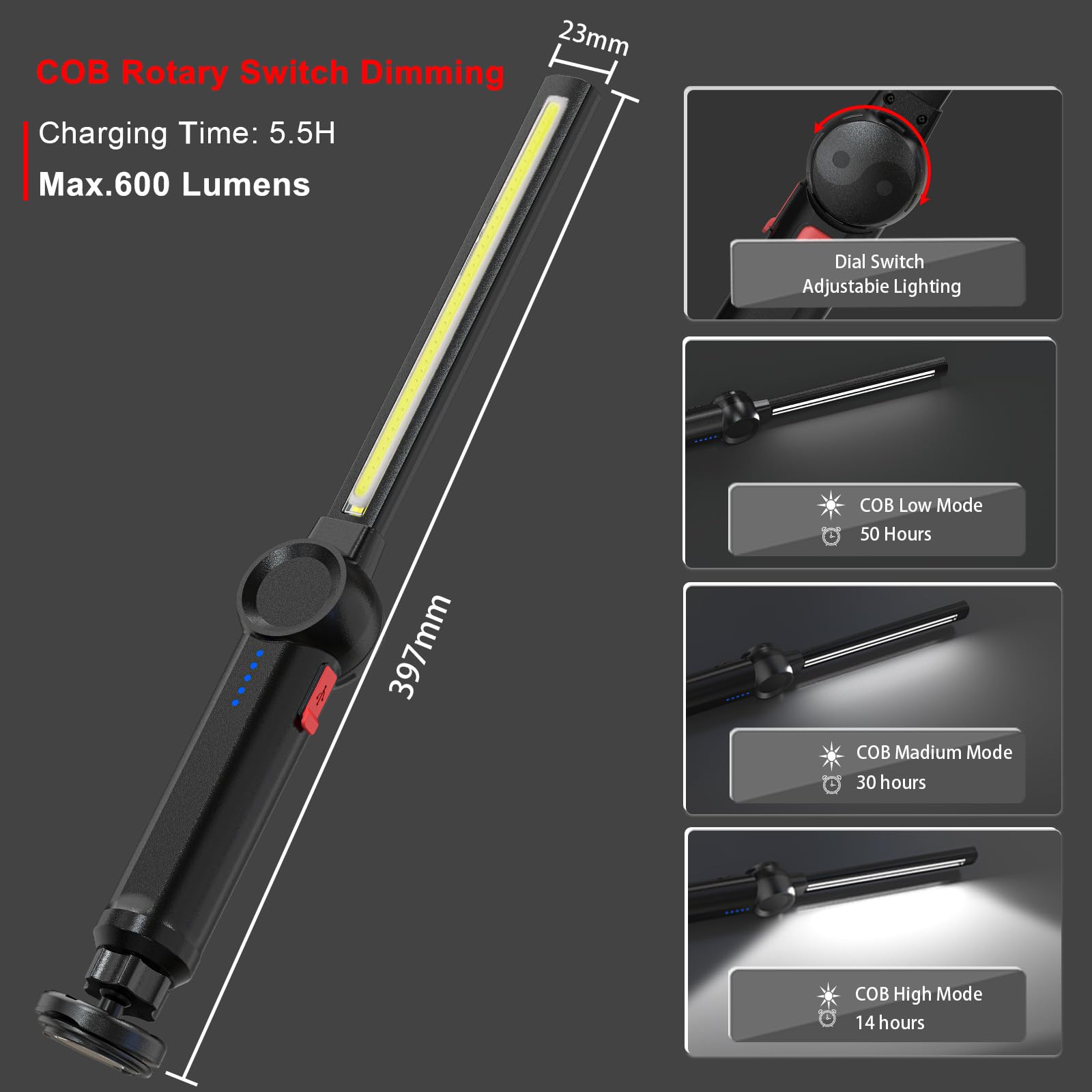 Lampe de Travail LED Rechargeable avec Aimantée et USB Rotation à 360 degrés, Lampe Inspection LED Rechargeable, Lampe D'inspection pour Atelier de Ménage Camping en Plein Air Randonnée (Noir-Z)
