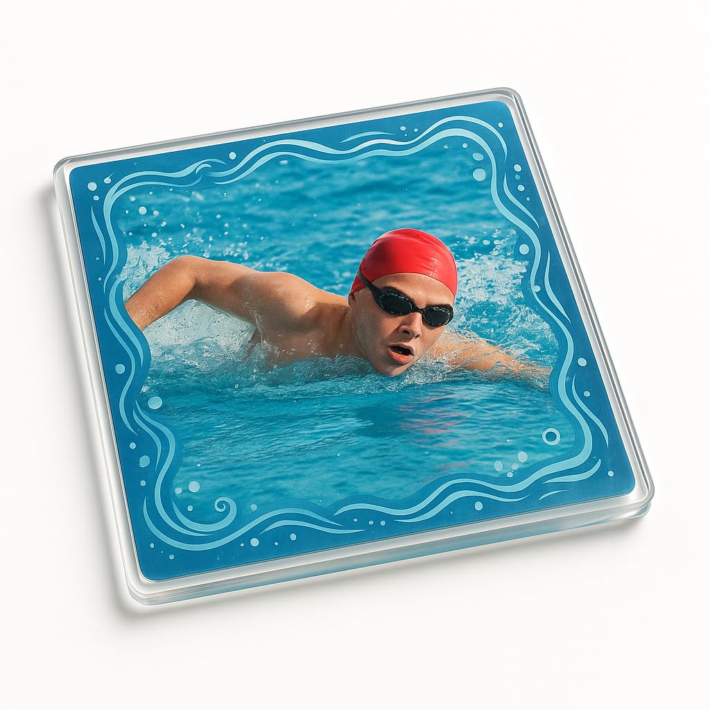 The Plum Penguin Swimming Acrylic Coaster With Aqua Reflection Design - Personalized Keepsake Home Decor For Water Enthusiasts