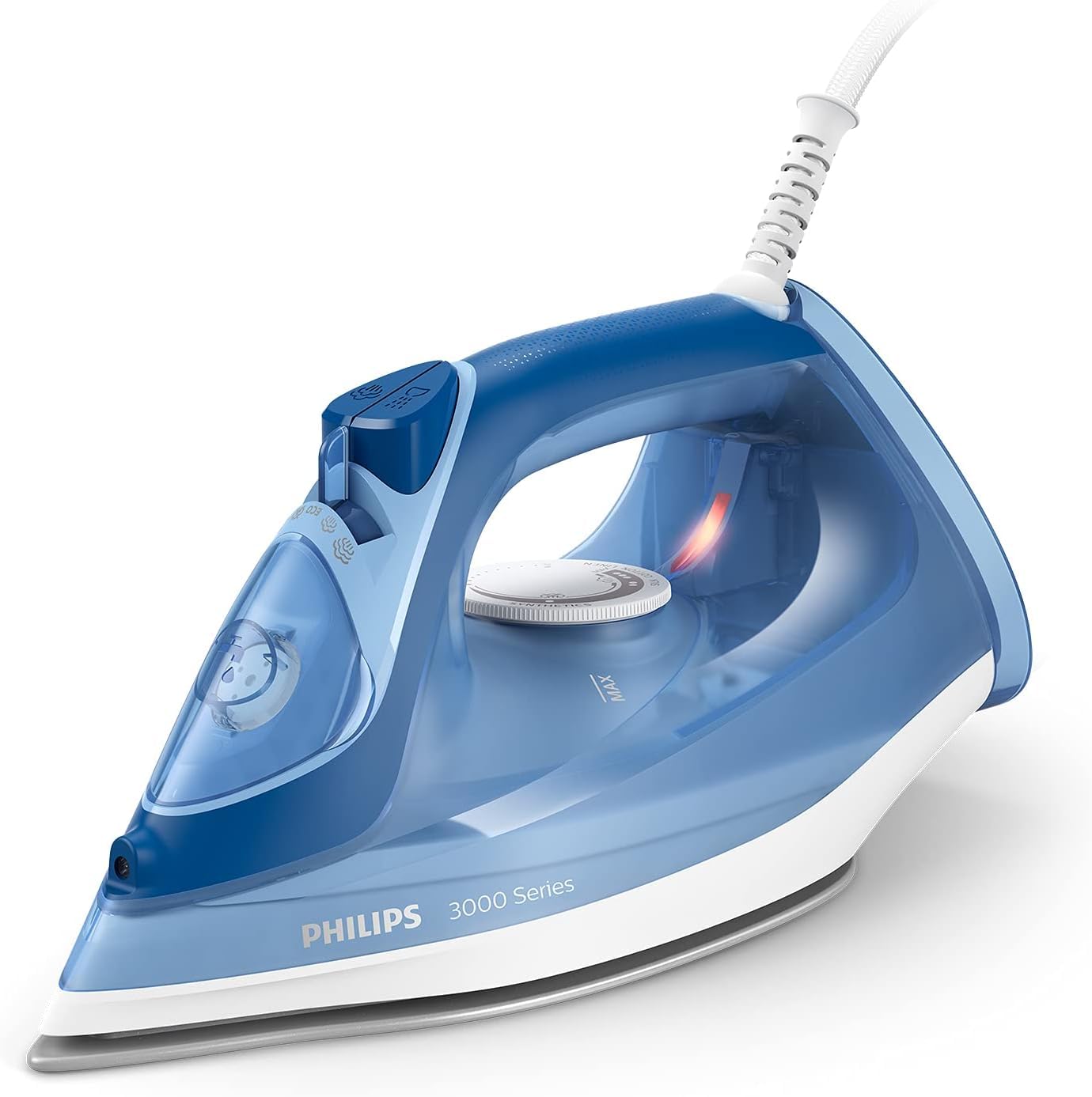Philips Plancha de vapor 3000 Series, 2400 W, potencia de vapor constante de 40 g/min, golpe de vapor de 180 g, suela de cerámica, vapor vertical, color azul (DST3031/20)