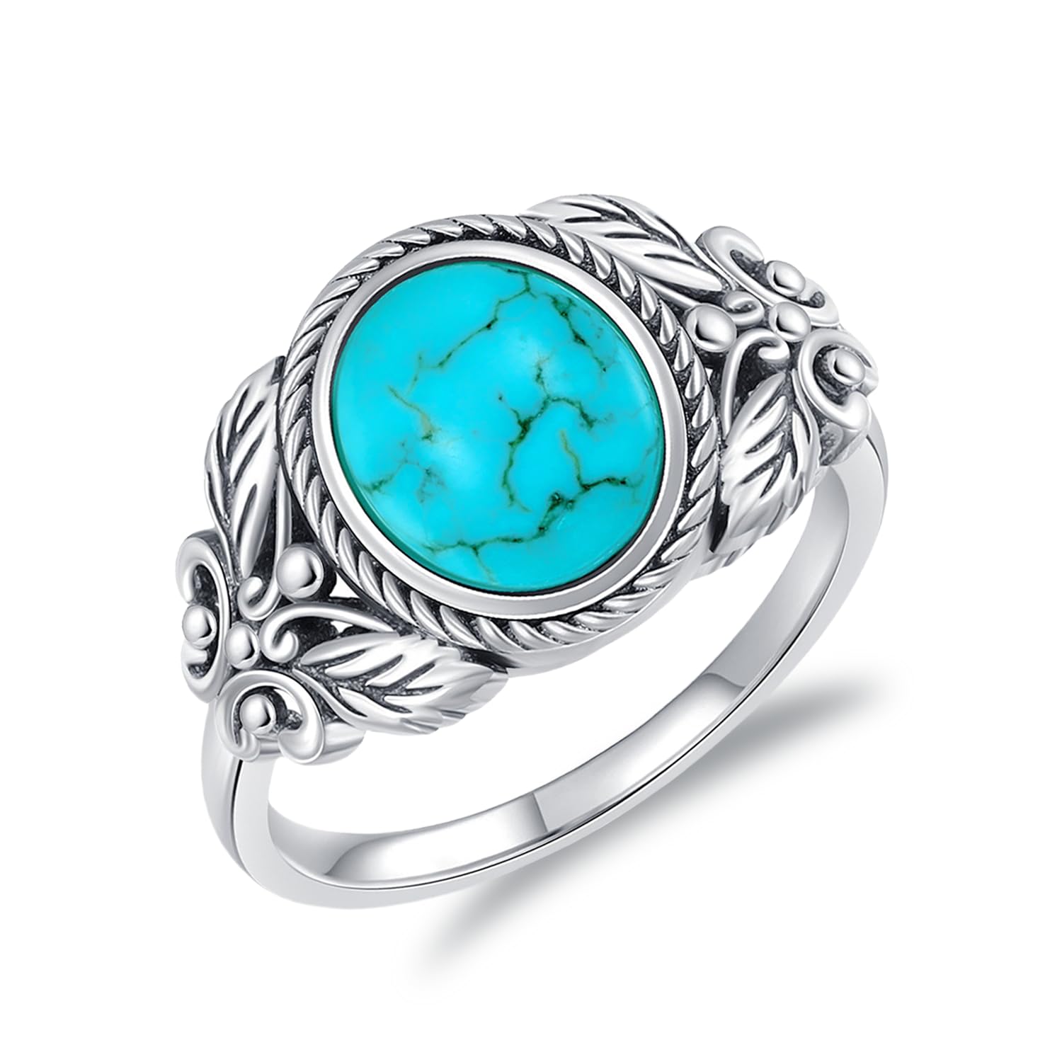 DOLIOX9x7MM Genuine Turquoise Stone Oval Rings, Sterling Silver Nature Native American Western Jewelry Gemstone Ring for Women