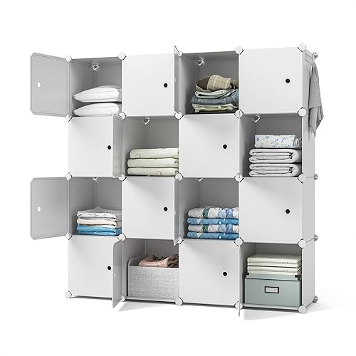 GIMTRR Closet Organizer, 16-Cube Storage with Doors, Closet Organizers and Storage, Cabinet Storage for Bedroom, Wardrobe, White