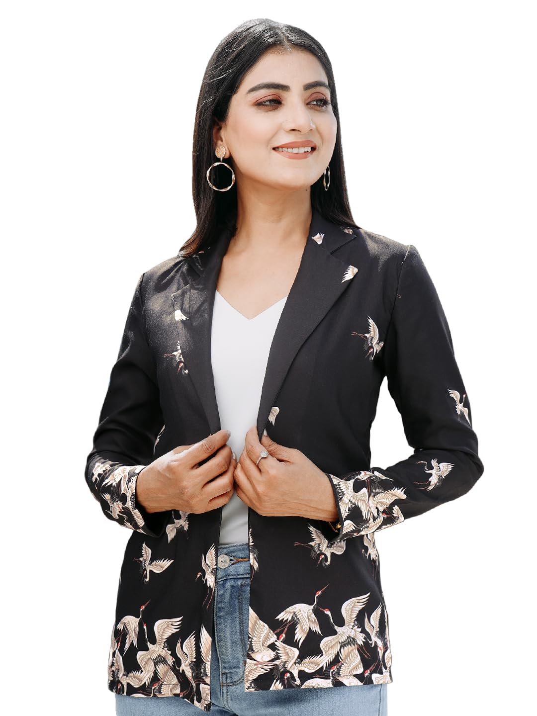fabcurate curate your own fabric Fabcurate Bird Printed Jacket for Women Black | Classic Tailored Modern Jacket with Notched Neck & Full Sleeves | Fashionable Casual Wear-picture-49