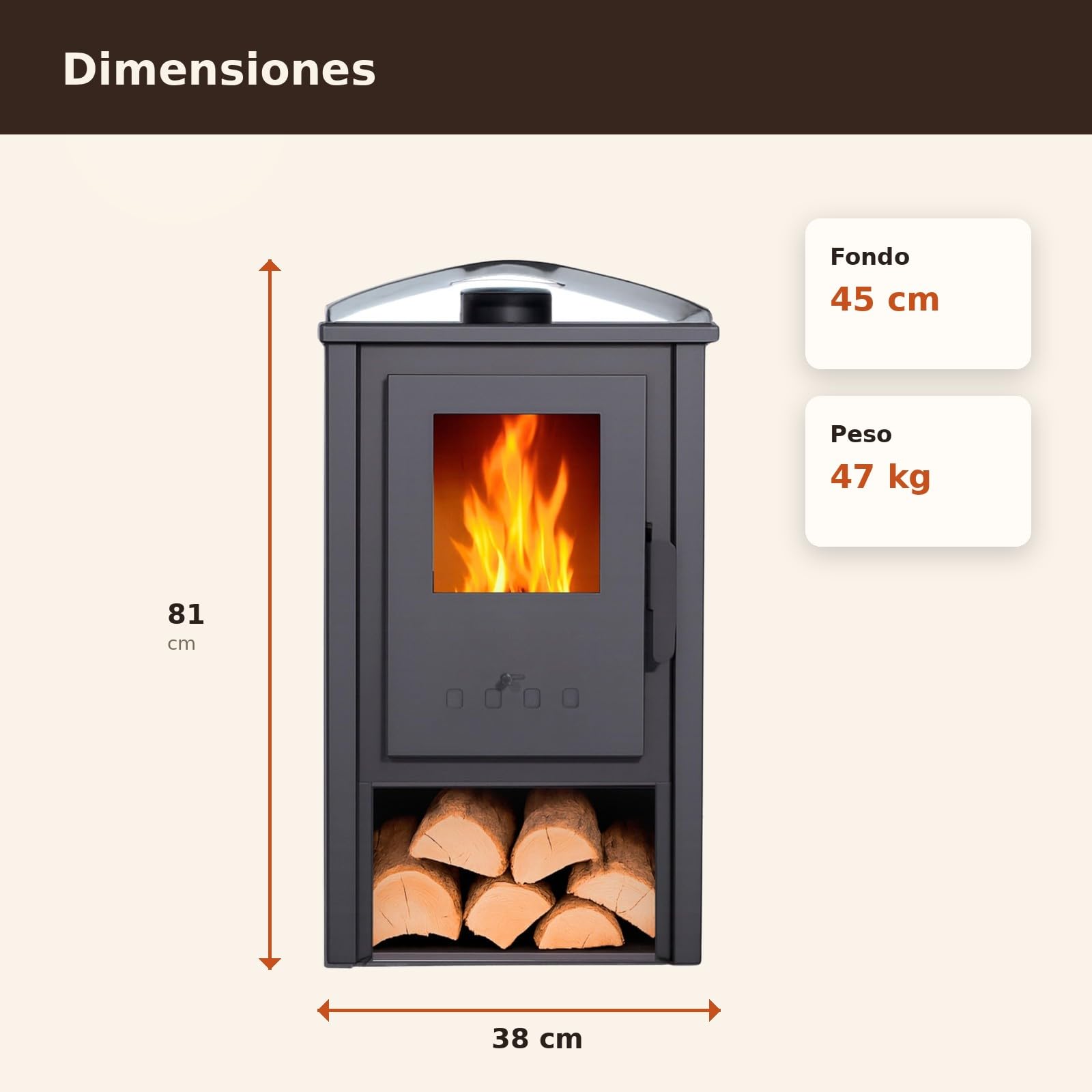 EIDER BIOMASA Estufa de Leña AMINA – 8,12 kW – Rendimiento 80% – Hasta 125.0 m³ – Doble Combustión – Certificada CE