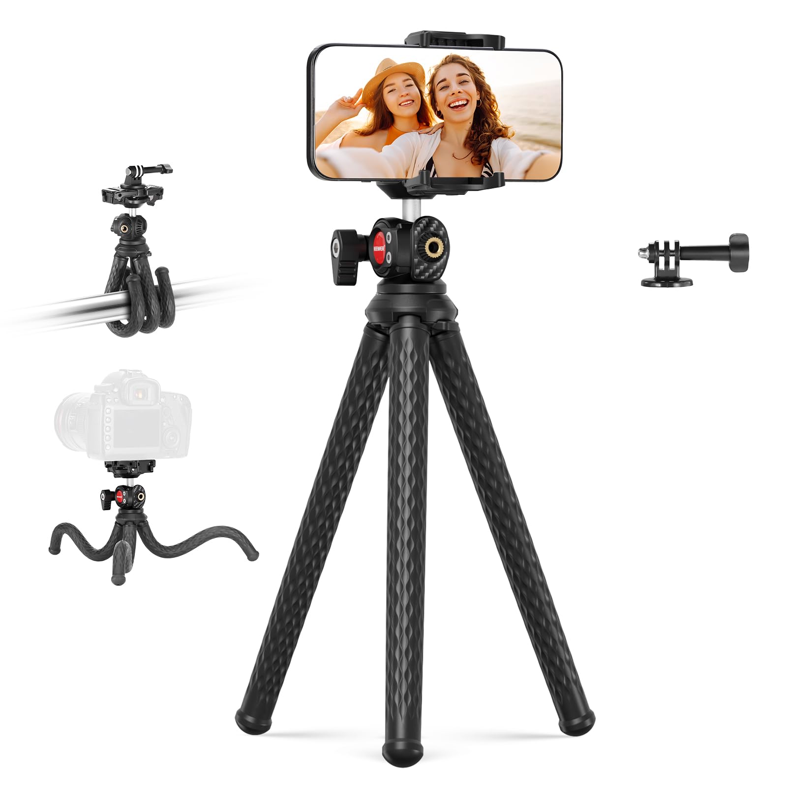 NEEWER Flexible Tripod with Remote Control, Mini Camera Kickstand with Smartphone Port and Action Cam Mount Compatible with iPhone GoPro Hero 12 11 10 DJI Insta360 Samsung for Vlog, TP34