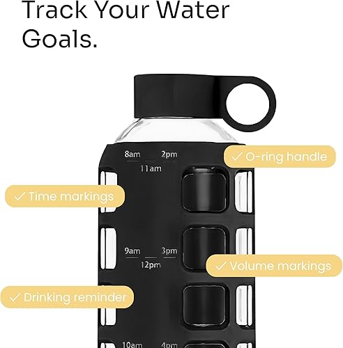 Miniatura 3 de purifyou Botellas de agua de vidrio de borosilicato de 40322212 onzas con volumen y tiempos para beber, funda de silicona e inserto de tapa de acero