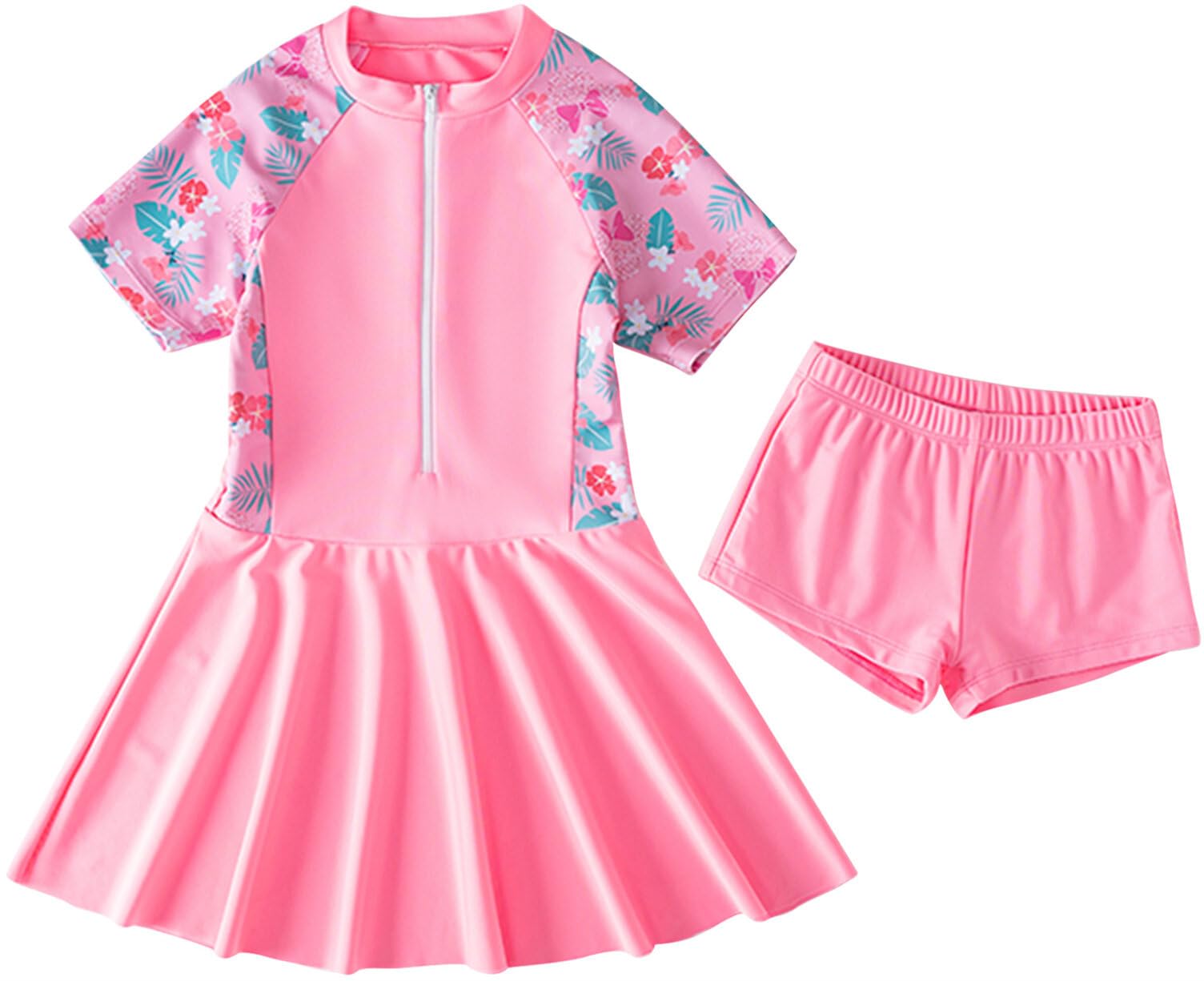 Maeau Bañadores de Una Pieza Niñas Vestido de Baño de Una Pieza con Pantalones Cortos Cremalleras Imprimir Falda de Natación - 3-12 Años