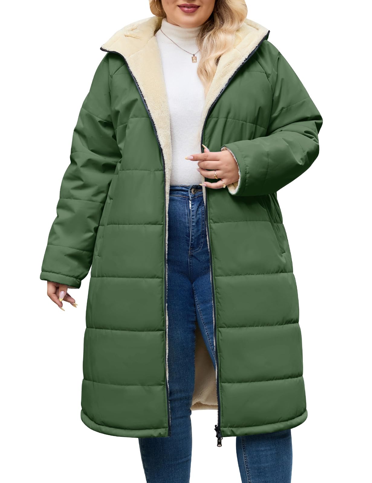 CMTOP Winterjassen voor dames UK Warm Plus Size Lange Jas, Dubbelzijdige Lange Jassen Winddichte Fleece Gewatteerde Jas, Jas met Capuchon Dikke Pluizige Thermische Buitenjas met Zakken, Blauw, XXL