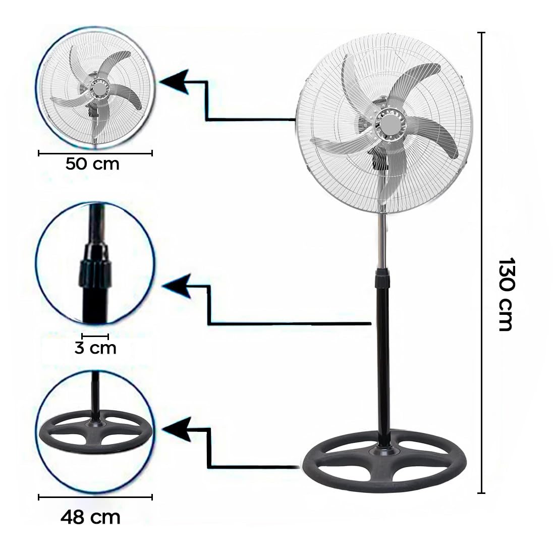 Mediawave Store - Ventilatore a Piantana Potente, Diametro 50cm, Ventilatore a Piantana 3 in 1, Ventilatore da Tavolo, da Parete, Potenza 50W, 3 Velocità, 5 Pale, Cromato