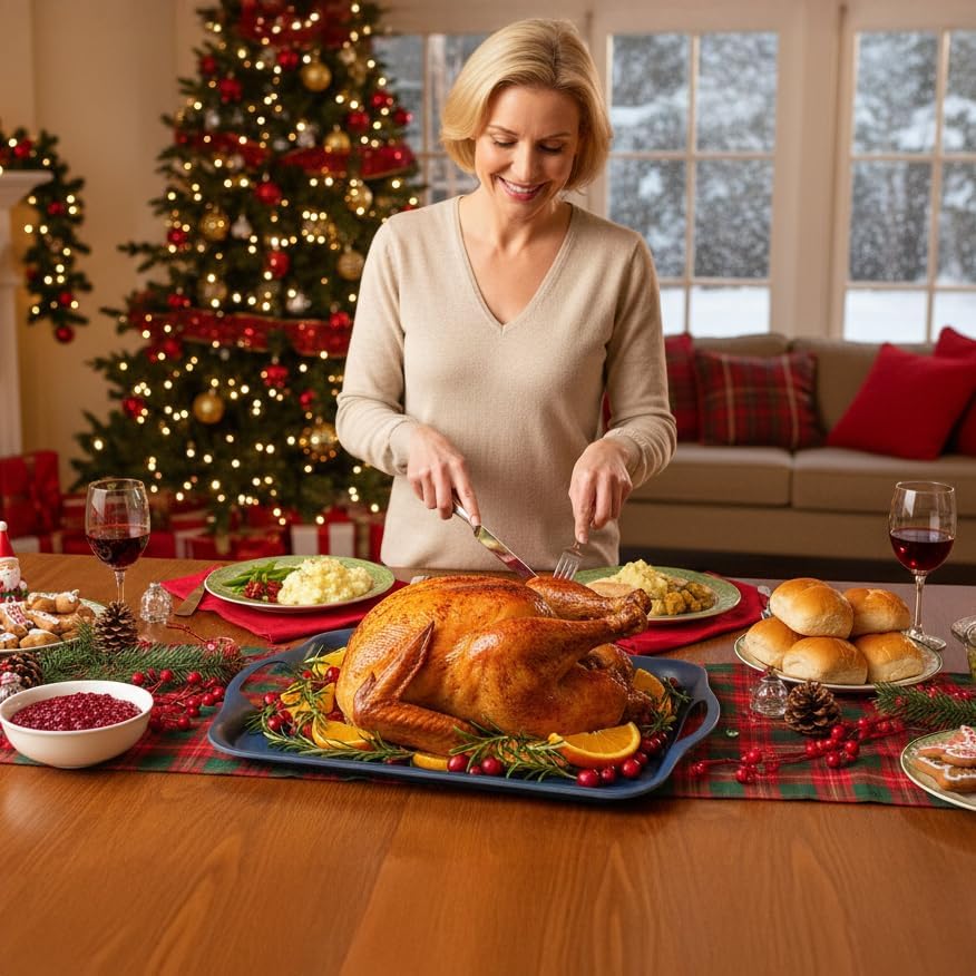 KINGEN 2-Pack Navy Blue Bamboo Fiber Serving Trays - 18×13-inch Extra Large w/Handles Tray, Platters for 4th of July, Christmas, BBQ, Picnic, Outdoor Dining - Durable, Lightweight (Classic Blue) - Image 3